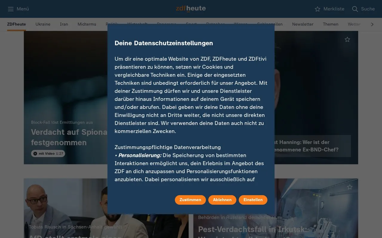 ZDFheute homepage screenshot