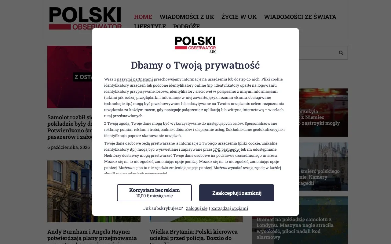 Polski Obserwator UK homepage screenshot