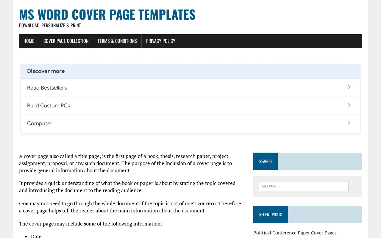 MS Word Cover Page Templates homepage screenshot