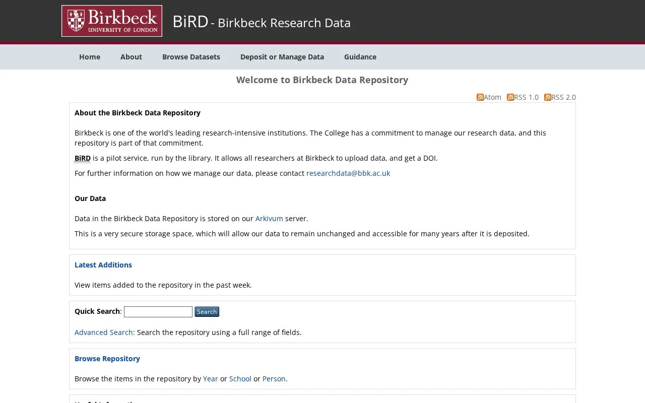 Birkbeck Research Data homepage screenshot