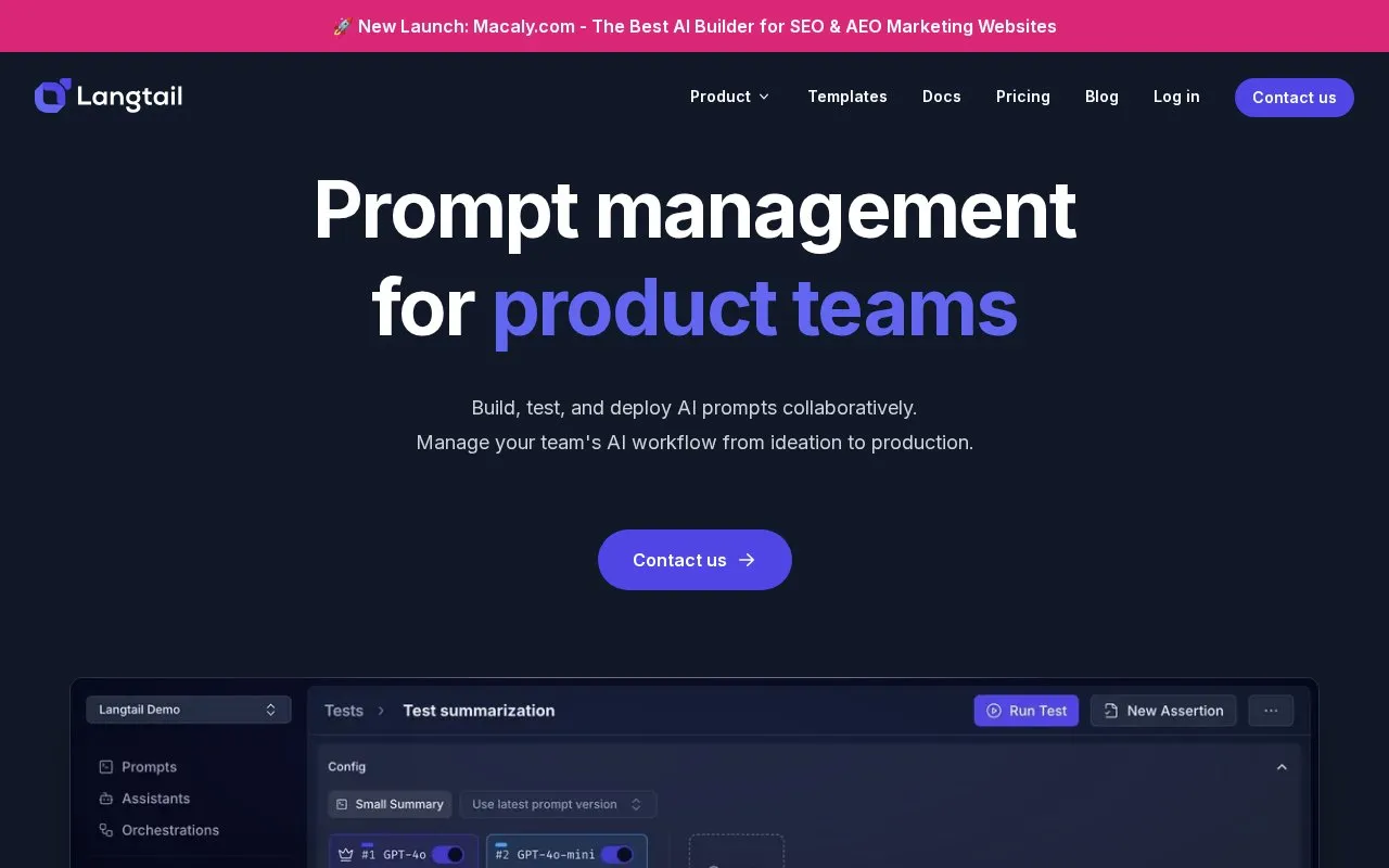 Langtail homepage screenshot