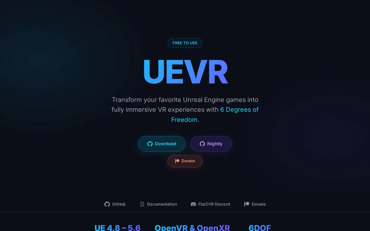 UEVR homepage screenshot