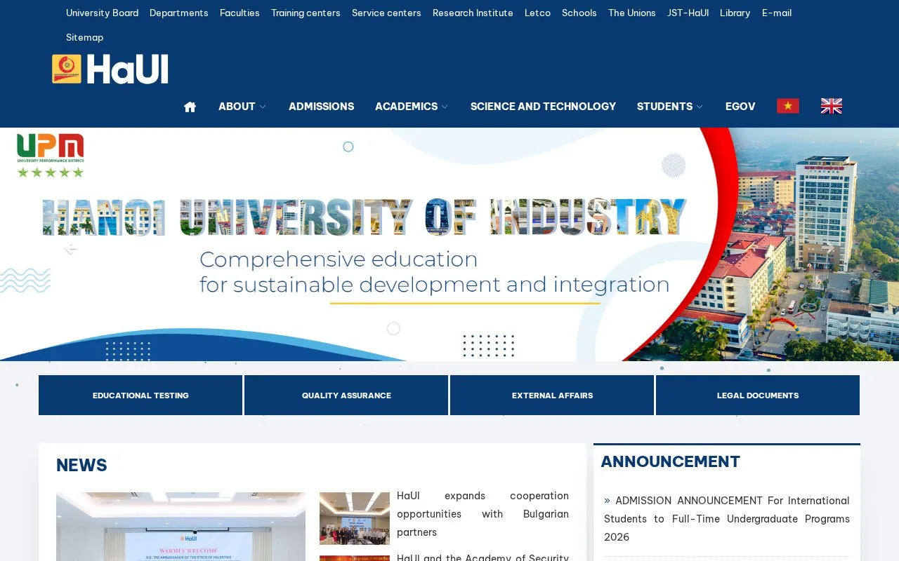 HANOI UNIVERSITY OF INDUSTRY homepage screenshot