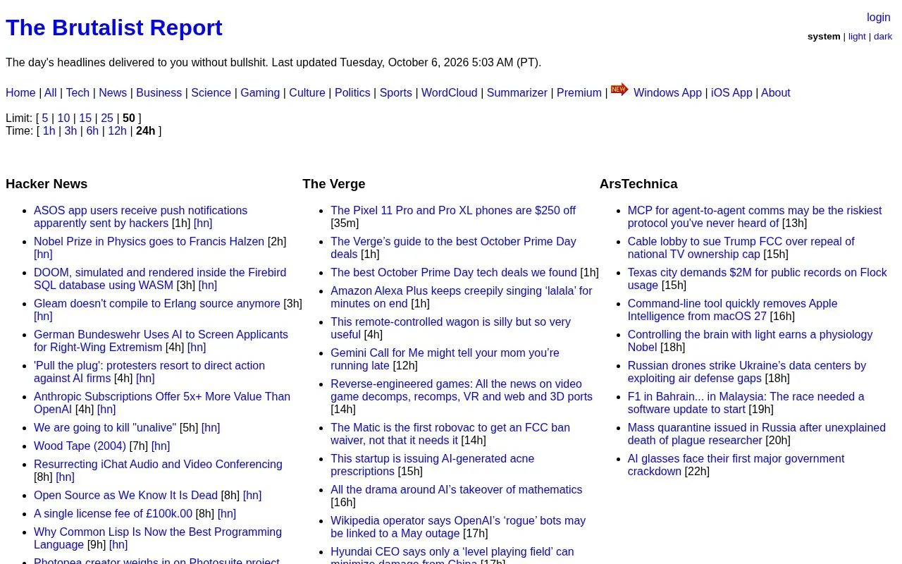 The Brutalist Report homepage screenshot