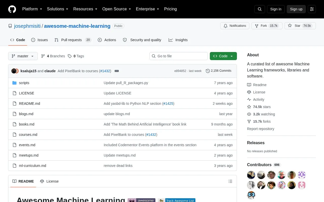 Awesome Machine Learning homepage screenshot
