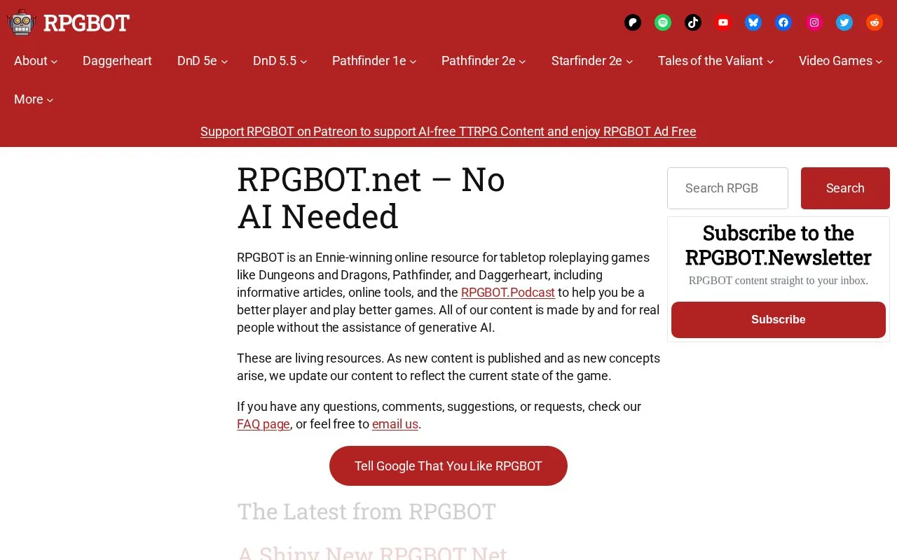 RPGBOT homepage screenshot