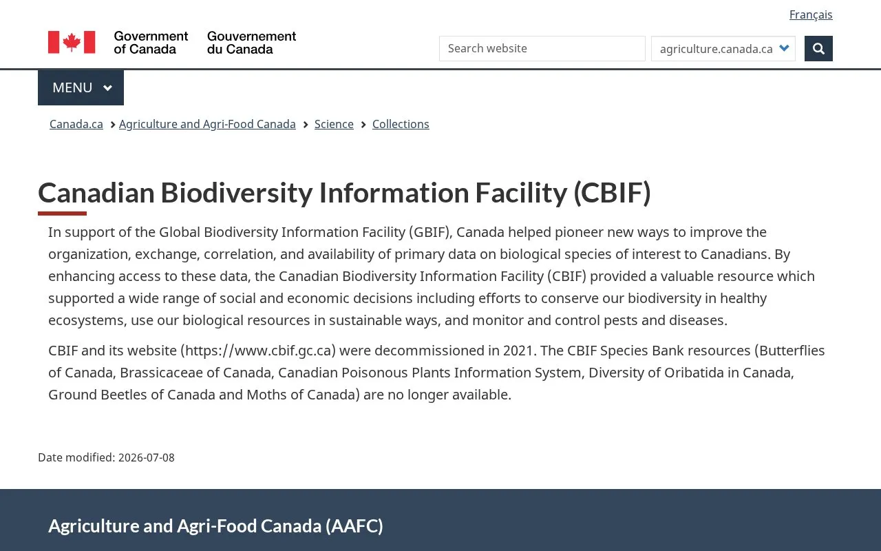Canadian Biodiversity Information Facility homepage screenshot