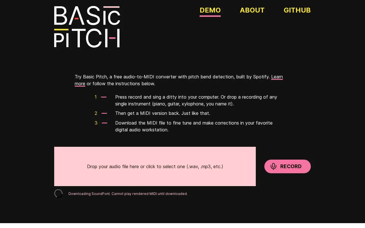 Basic Pitch homepage screenshot