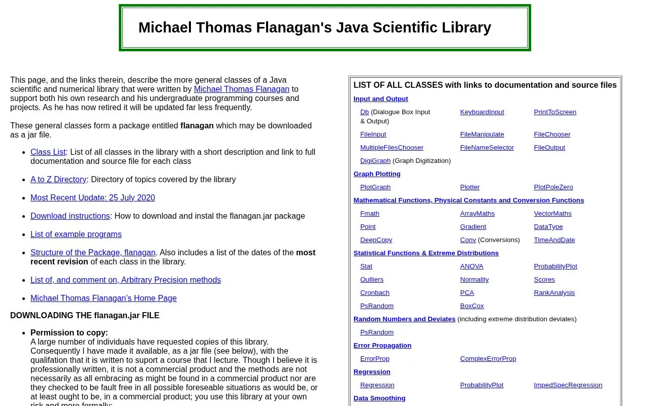 Dr. Michael Thomas Flanagan's Java Scientific Library. homepage screenshot