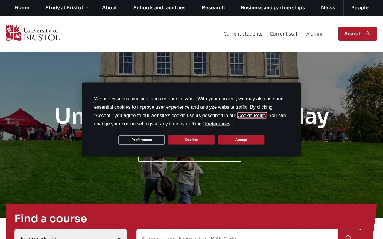 University of Bristol homepage screenshot