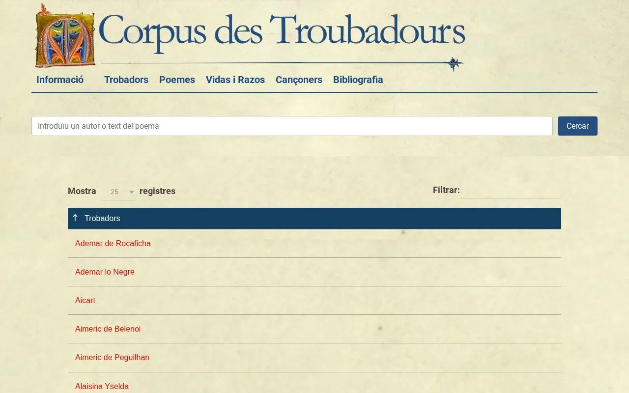 Corpus des Troubadours IEC homepage screenshot