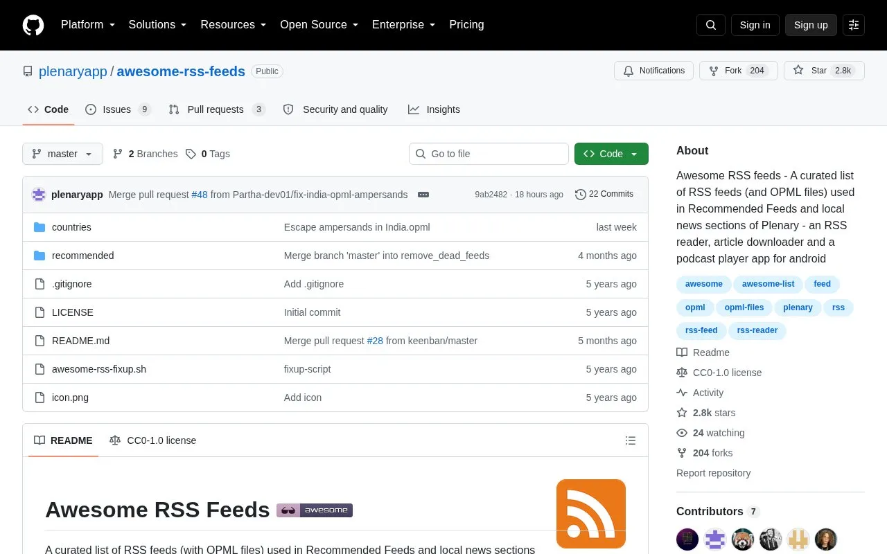 awesome-rss-feeds homepage screenshot