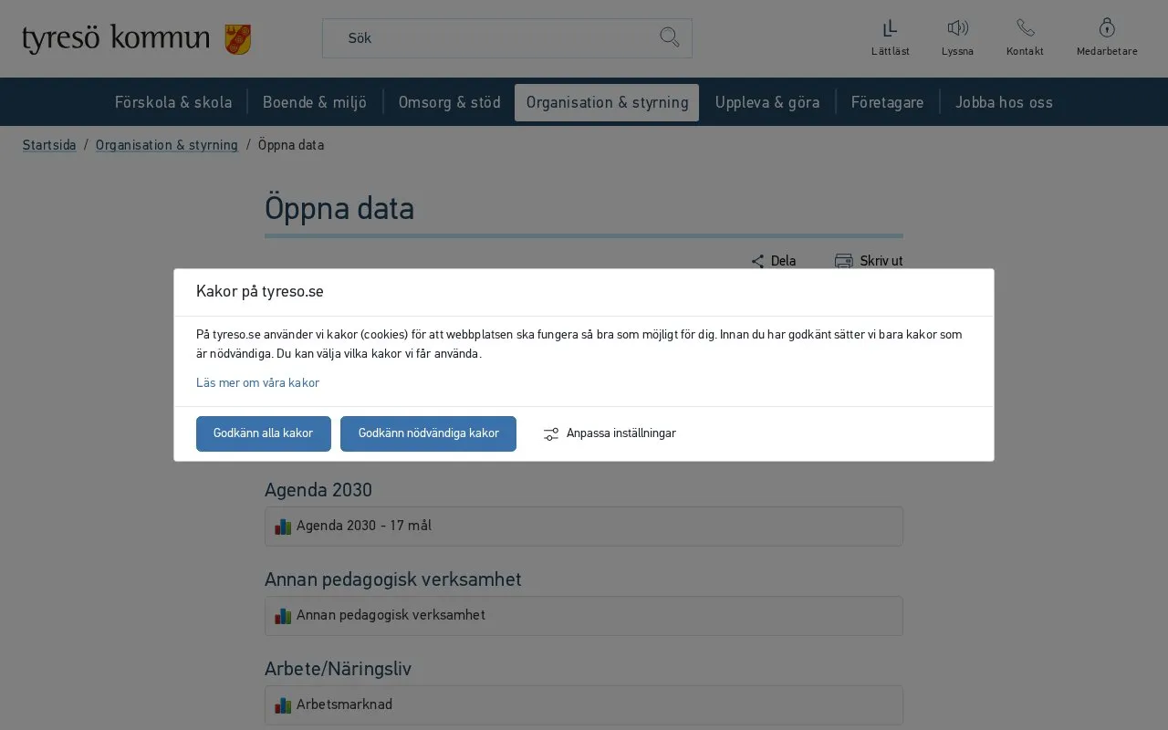 Tyresö Municipality Open Data portal homepage screenshot