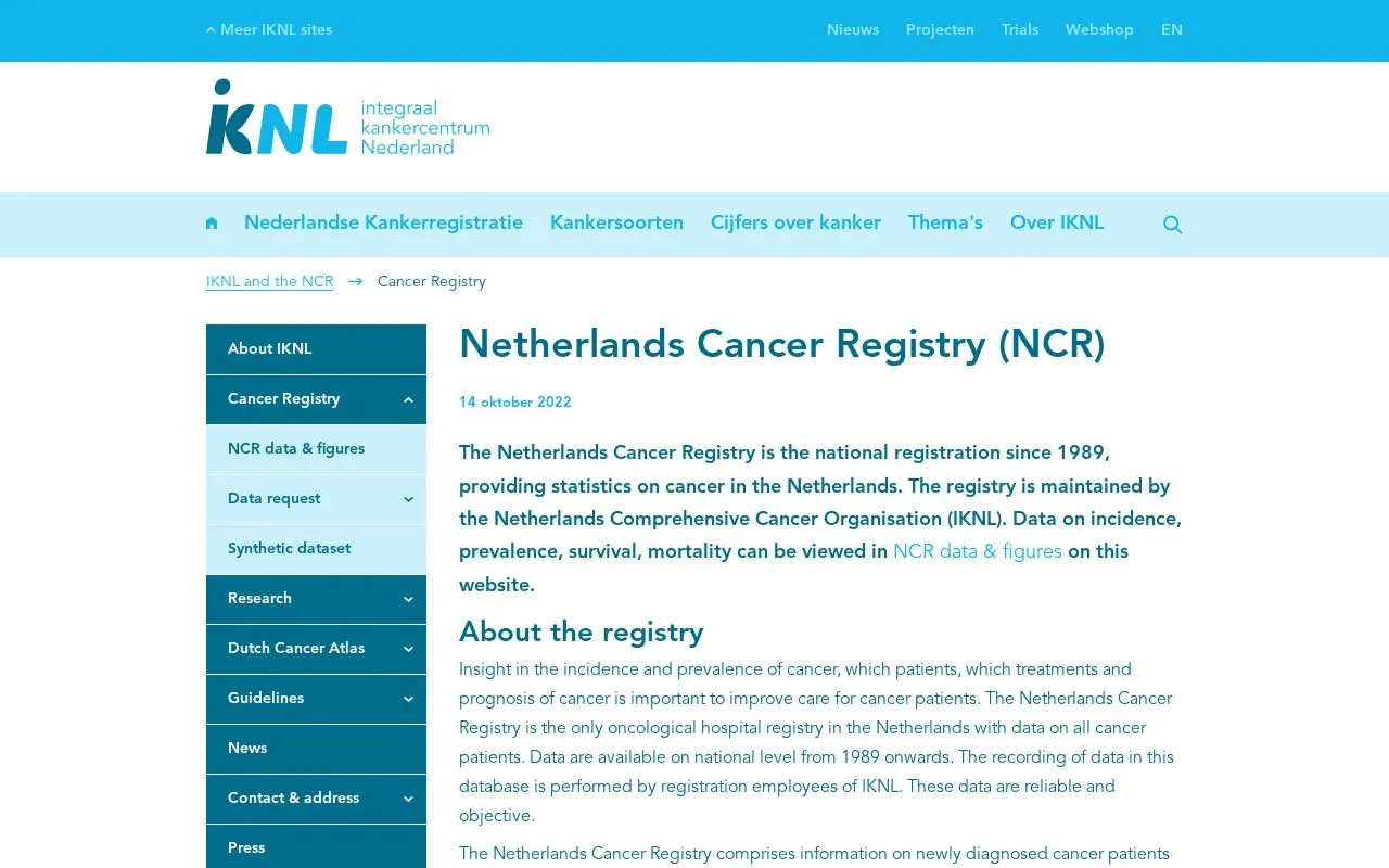 Netherlands Cancer Registry homepage screenshot