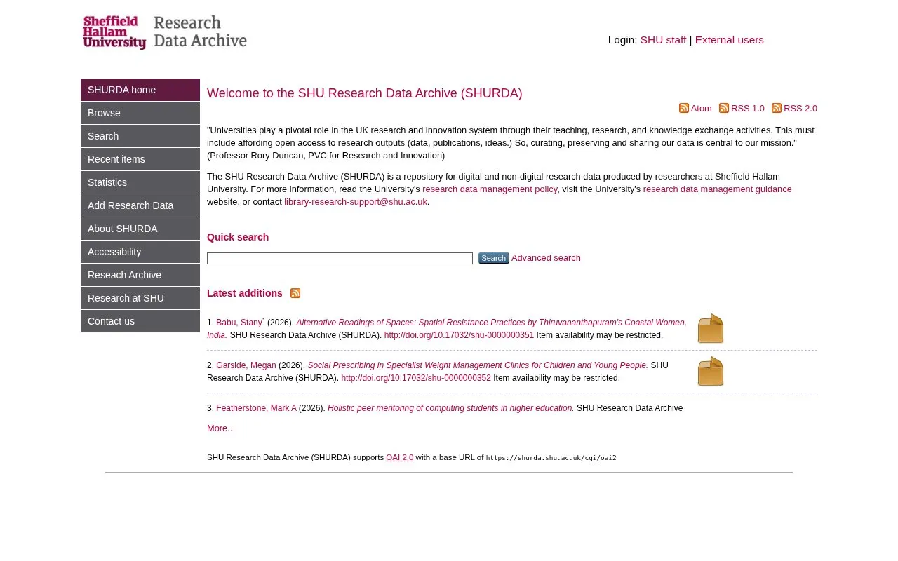 Sheffield Hallam University Research Data Archive homepage screenshot