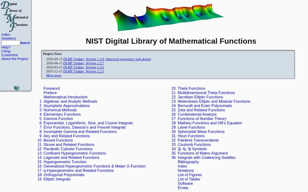 NIST Digital Library of Mathematical Functions homepage screenshot