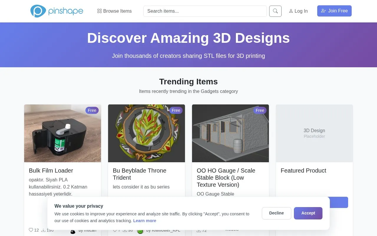 Pinshape homepage screenshot