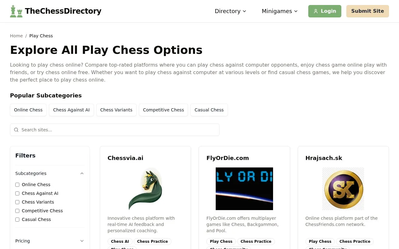 TheChessDirectory homepage screenshot