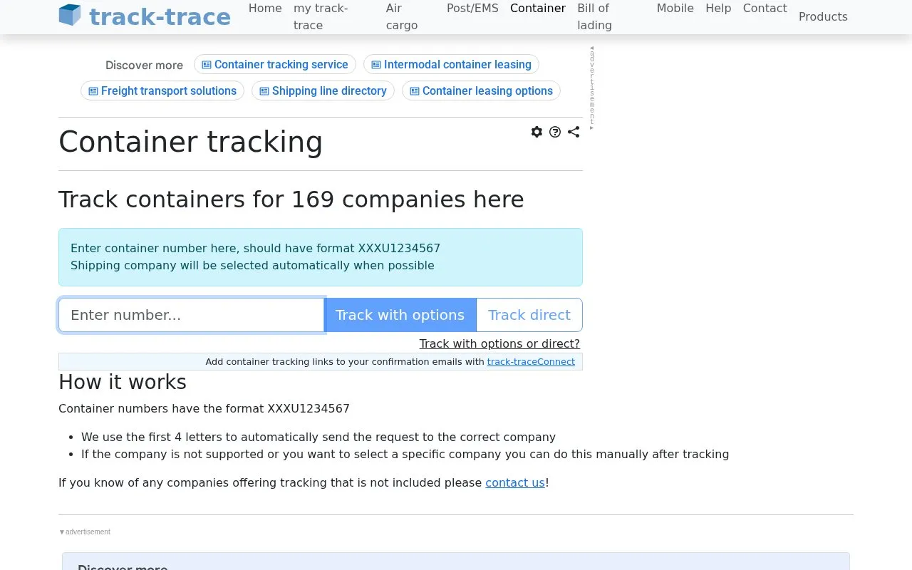 Container tracking homepage screenshot