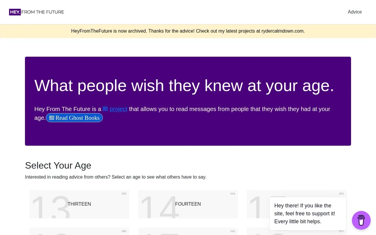 HeyFromTheFuture homepage screenshot