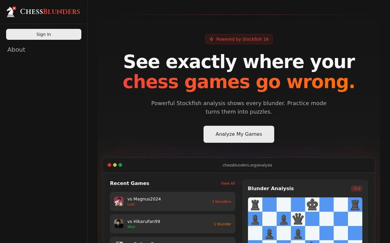 ChessBlunders homepage screenshot