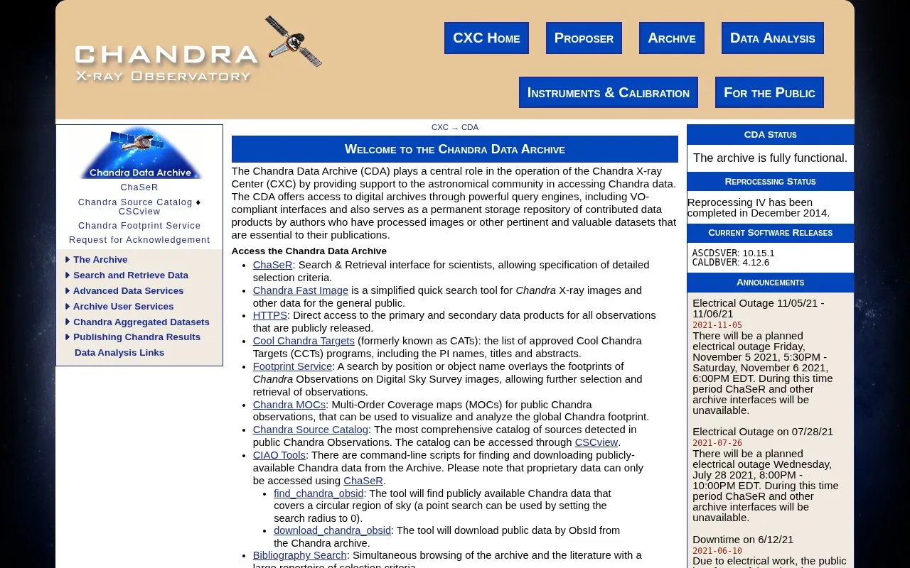 Chandra Data Archive homepage screenshot