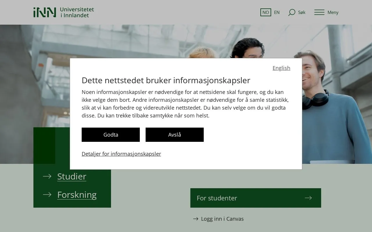 University of Inland Norway homepage screenshot