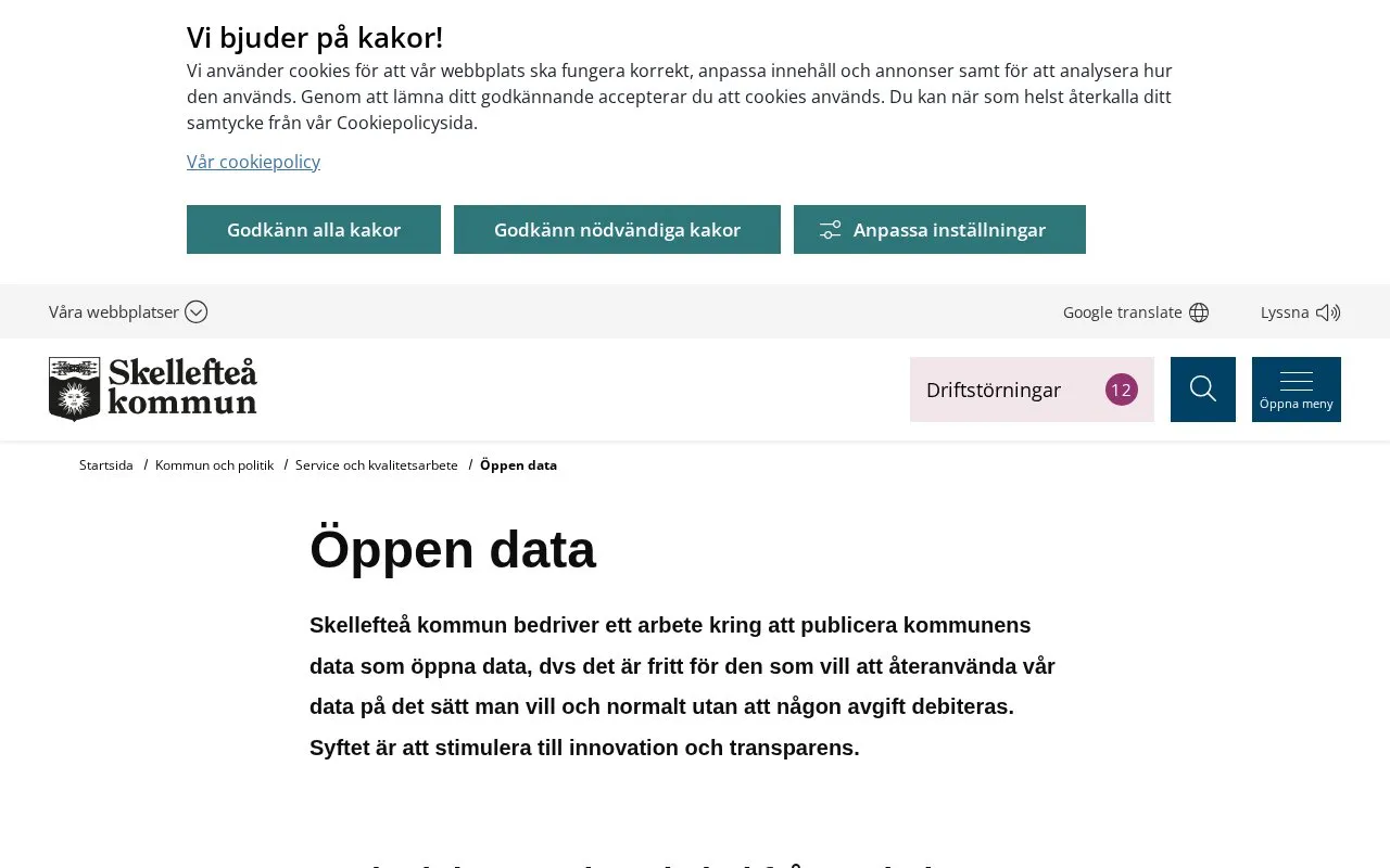 Skellefteå Municipality Open Data portal homepage screenshot