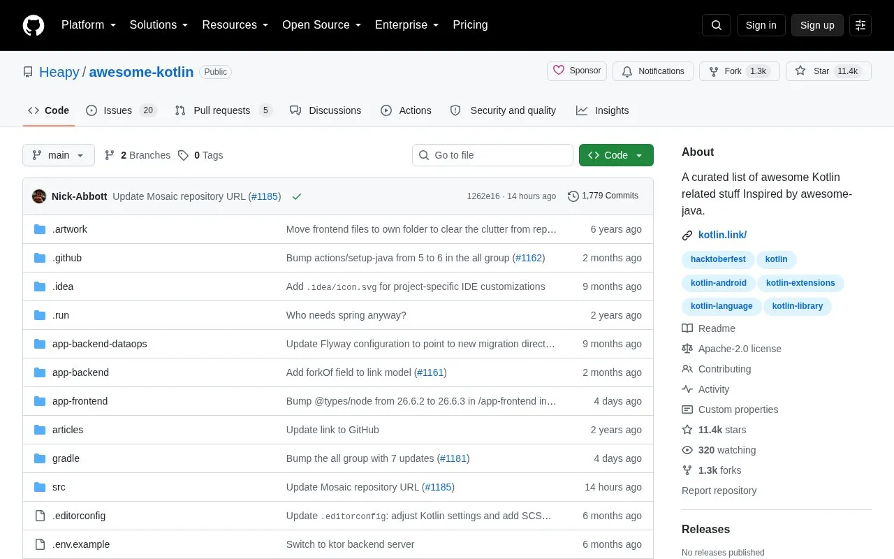 Awesome Kotlin homepage screenshot