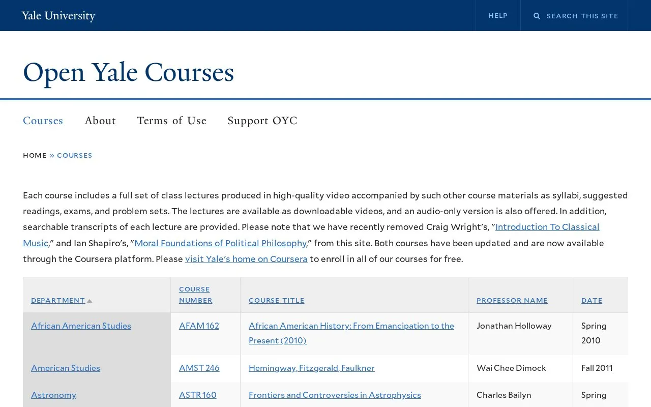 Yale Courses homepage screenshot