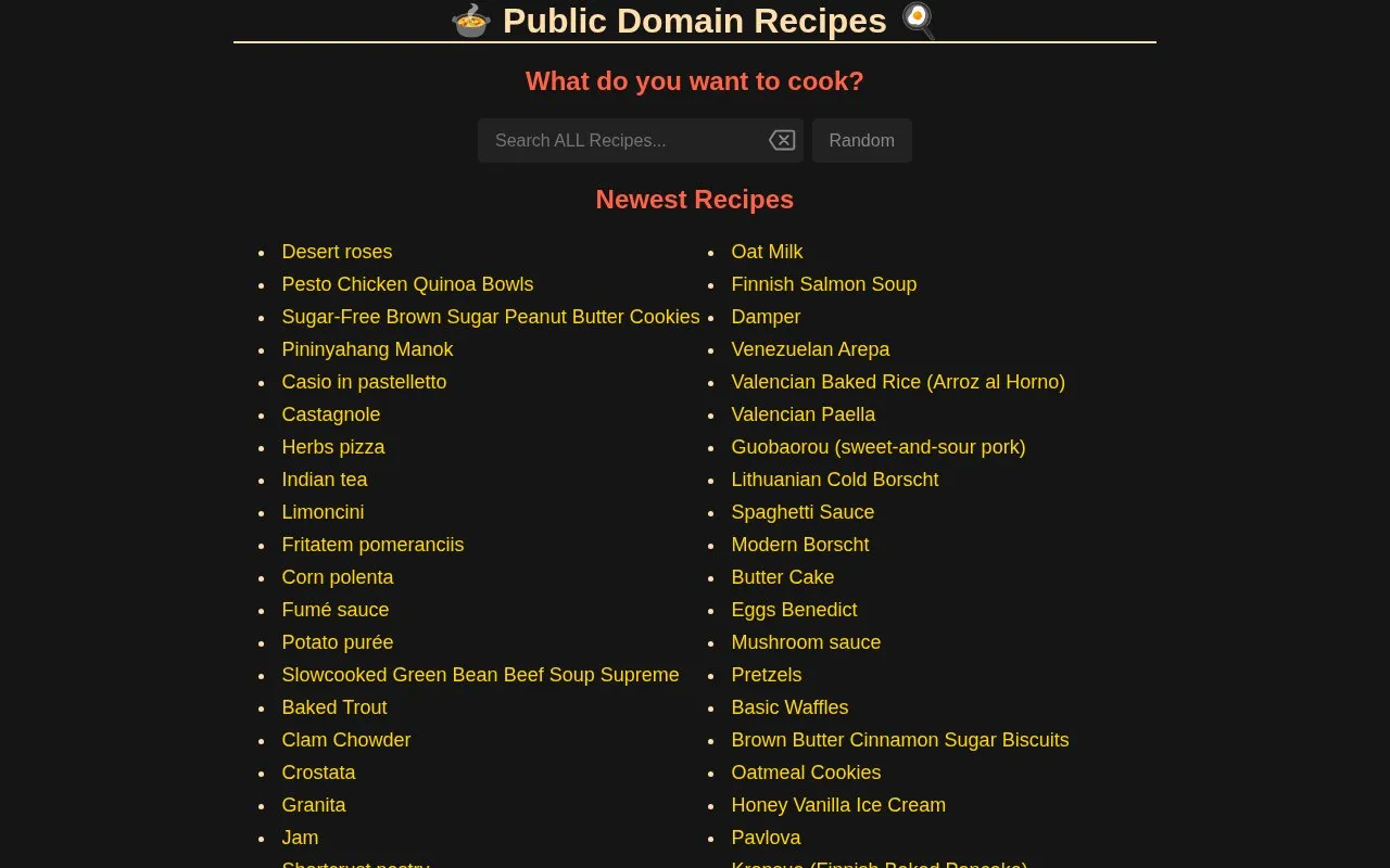 PublicDomainRecipes homepage screenshot