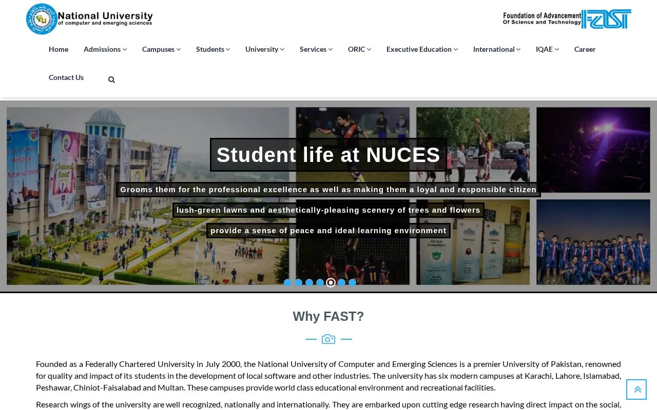 National University of Computer and Emerging Sciences homepage screenshot
