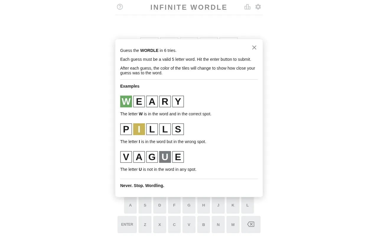 Infinite Wordle homepage screenshot