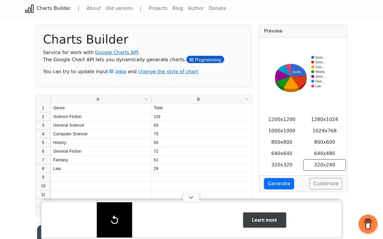 Charts Builder homepage screenshot