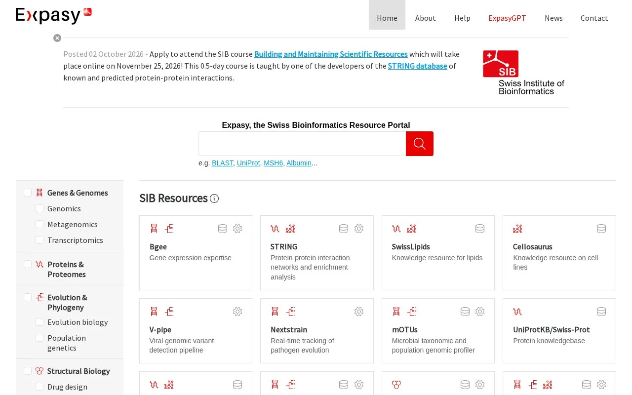 ExPASy Bioinformatics Resource Portal homepage screenshot