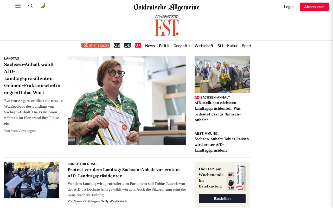 Ostdeutsche Allgemeine Zeitung homepage screenshot