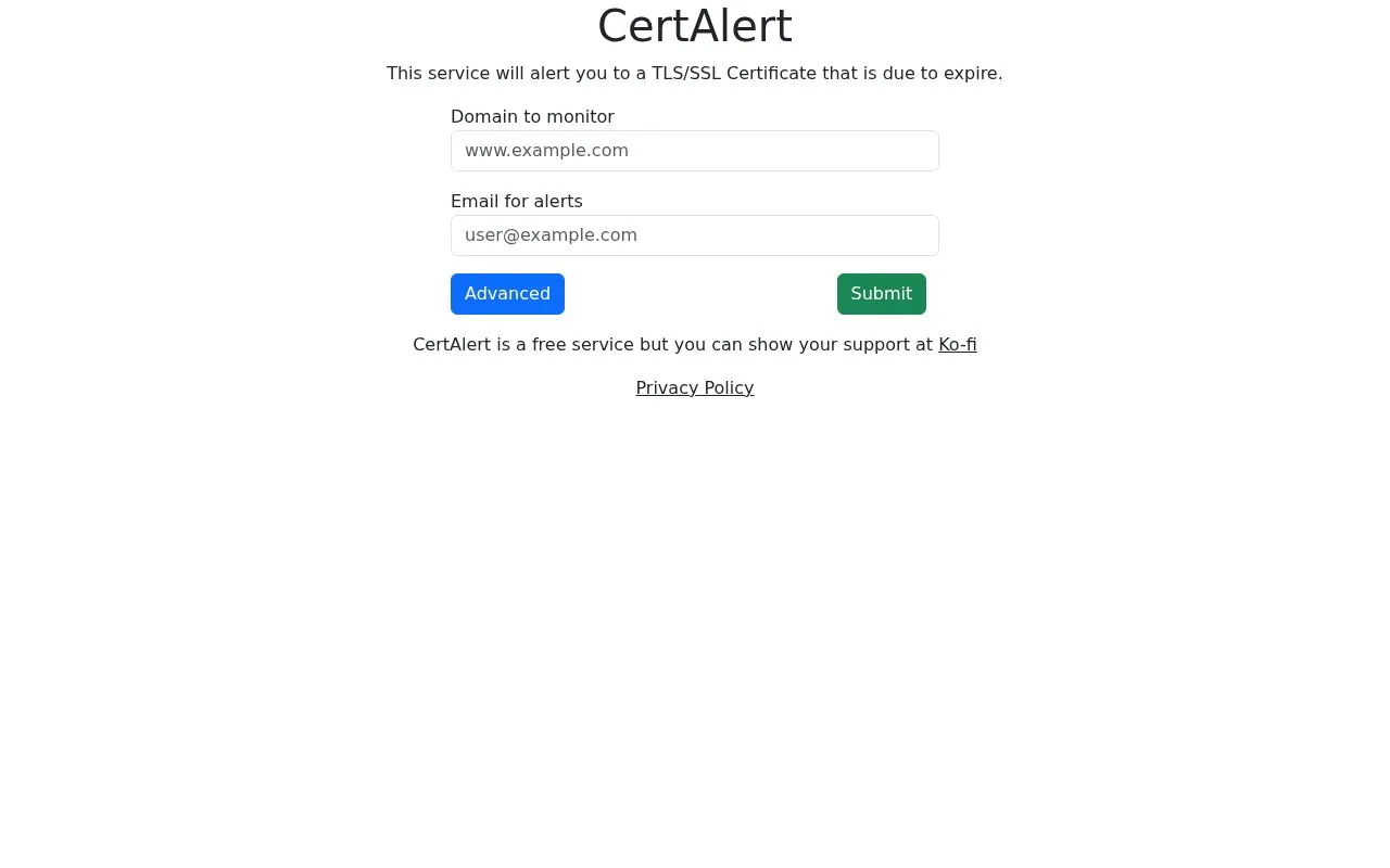 CertAlert homepage screenshot