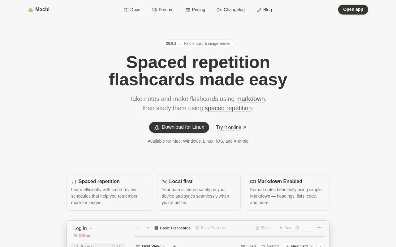 Mochi Cards homepage screenshot