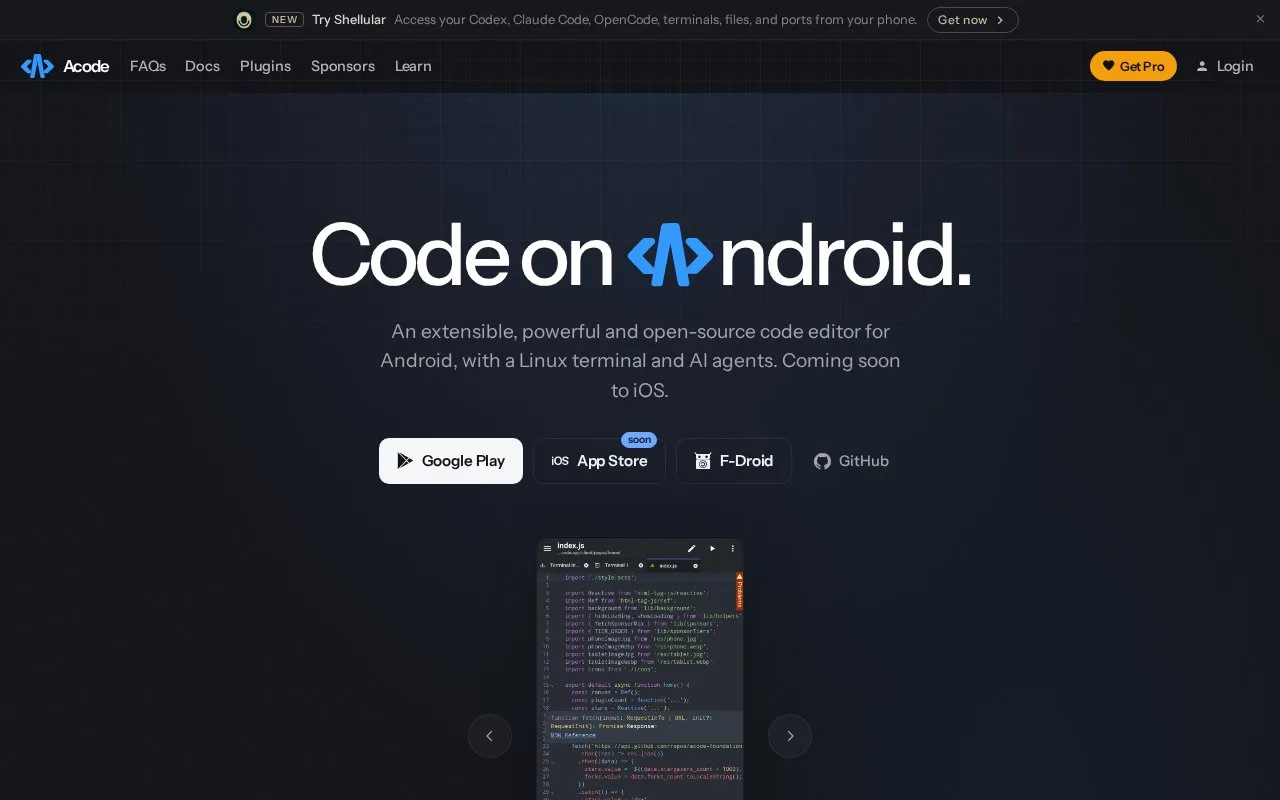 Acode homepage screenshot