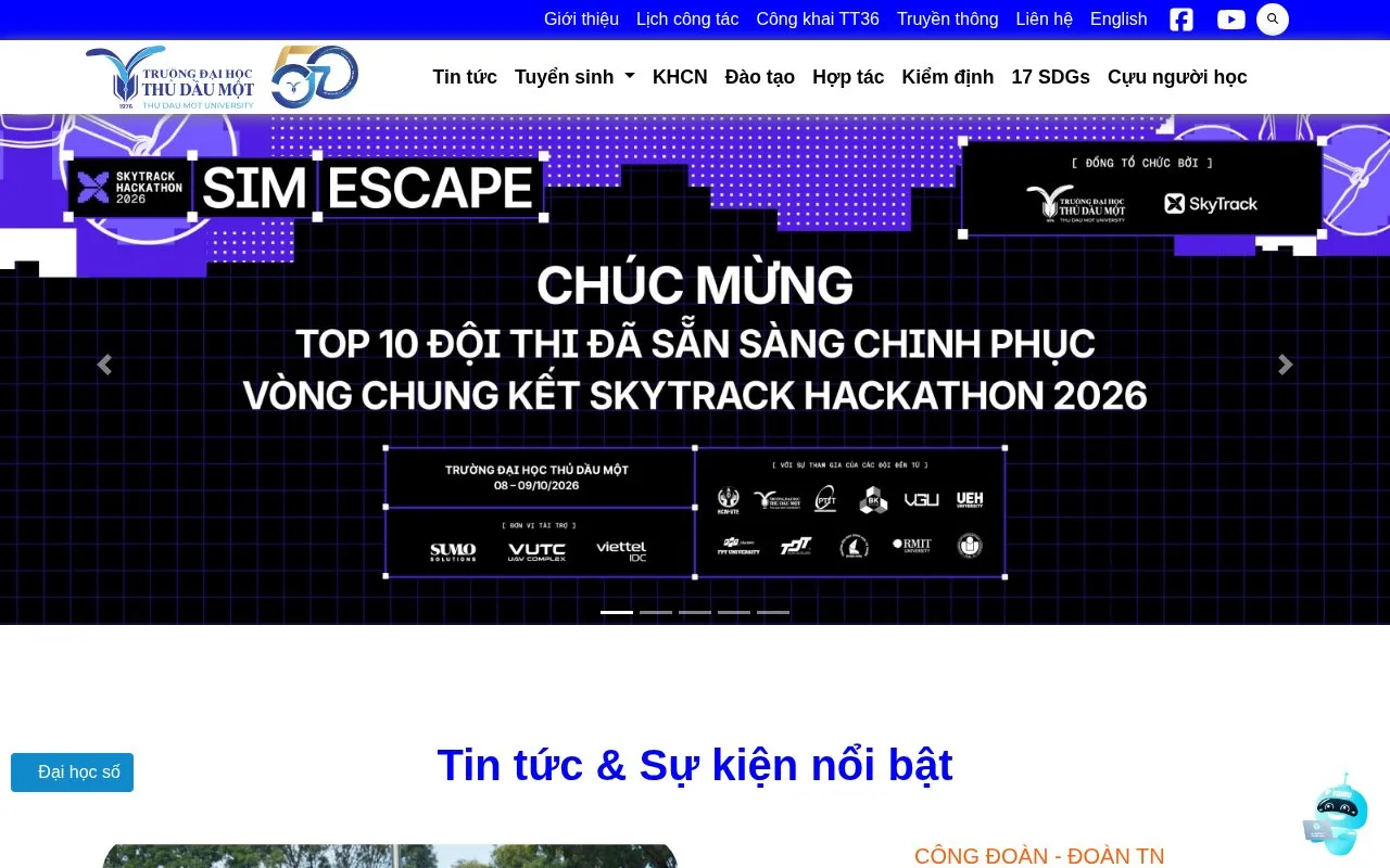 Thu Dau Mot University homepage screenshot