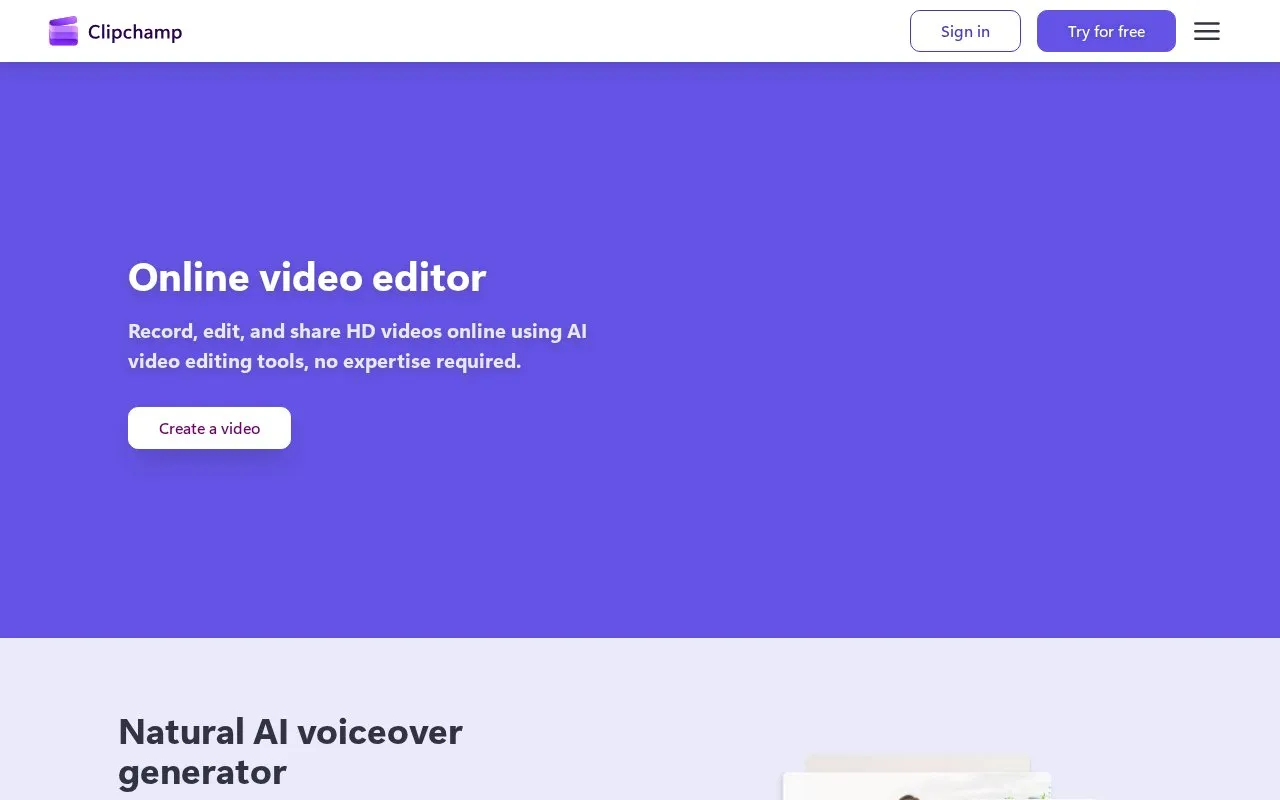 Clipchamp homepage screenshot