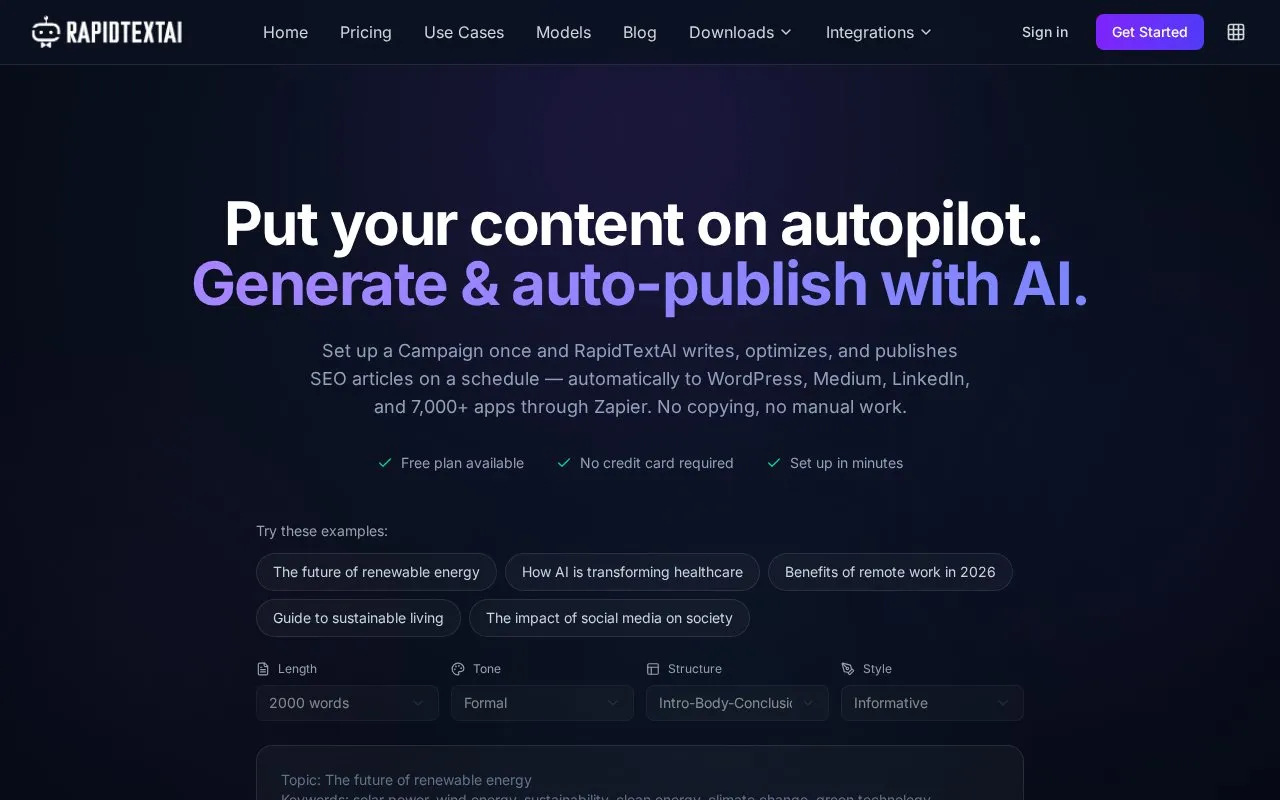 RapidTextAI homepage screenshot