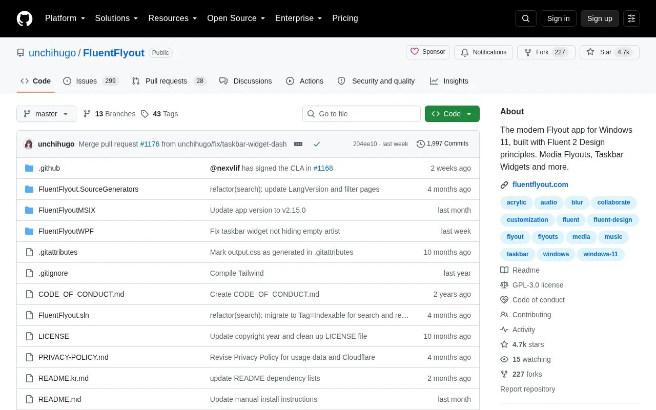 Fluent Flyout homepage screenshot