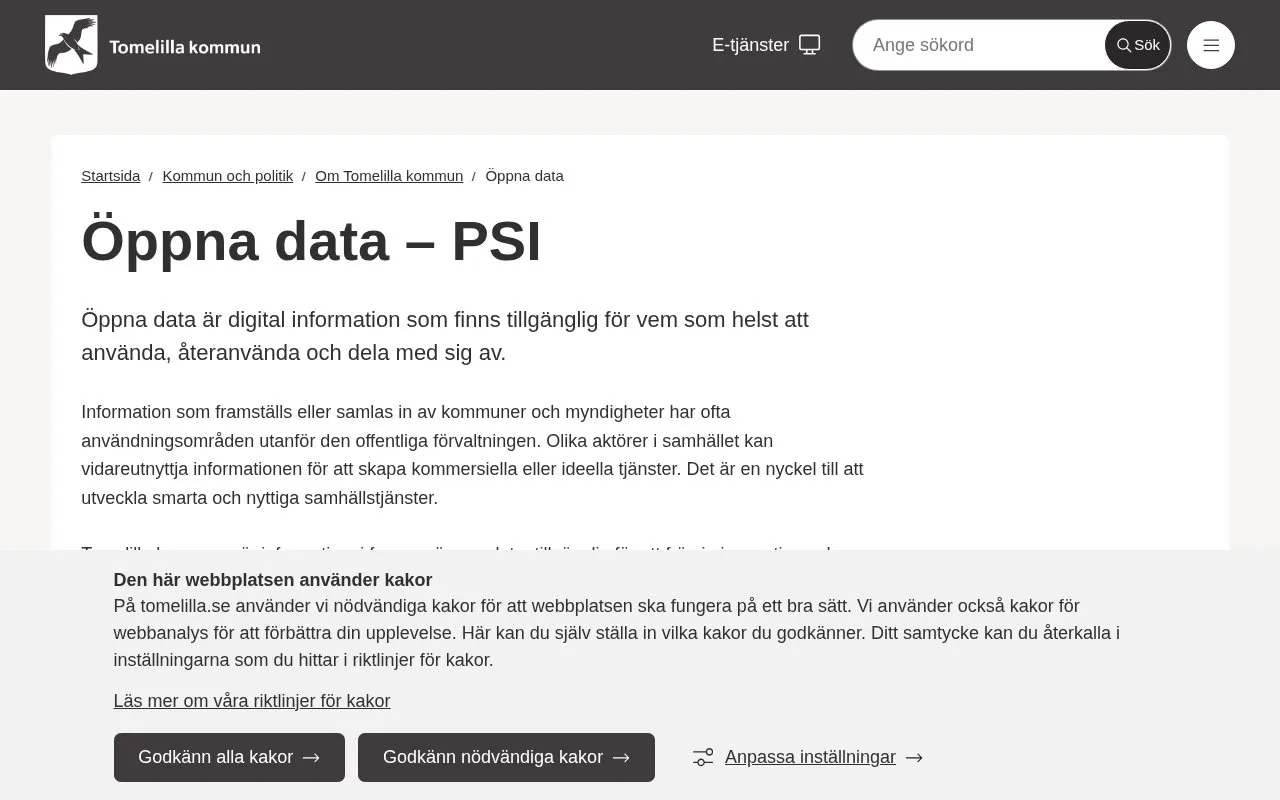 Tomelilla Municipality Open Data portal homepage screenshot