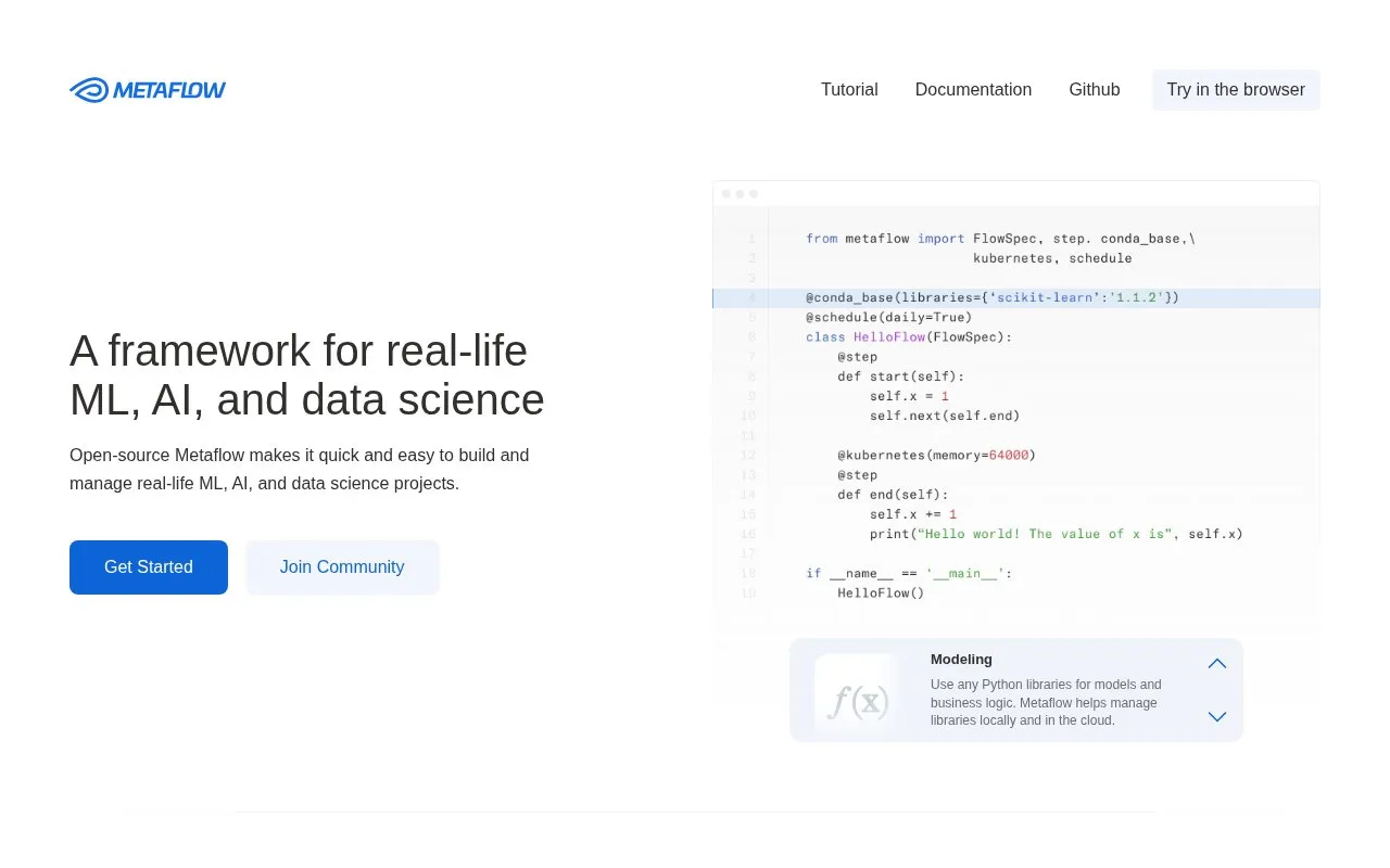 Metaflow homepage screenshot