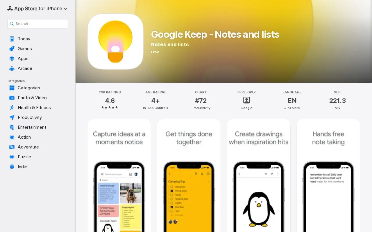 Google Keep homepage screenshot