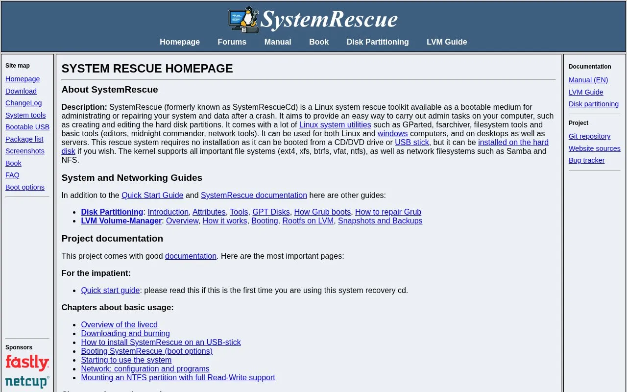 SystemRescue homepage screenshot