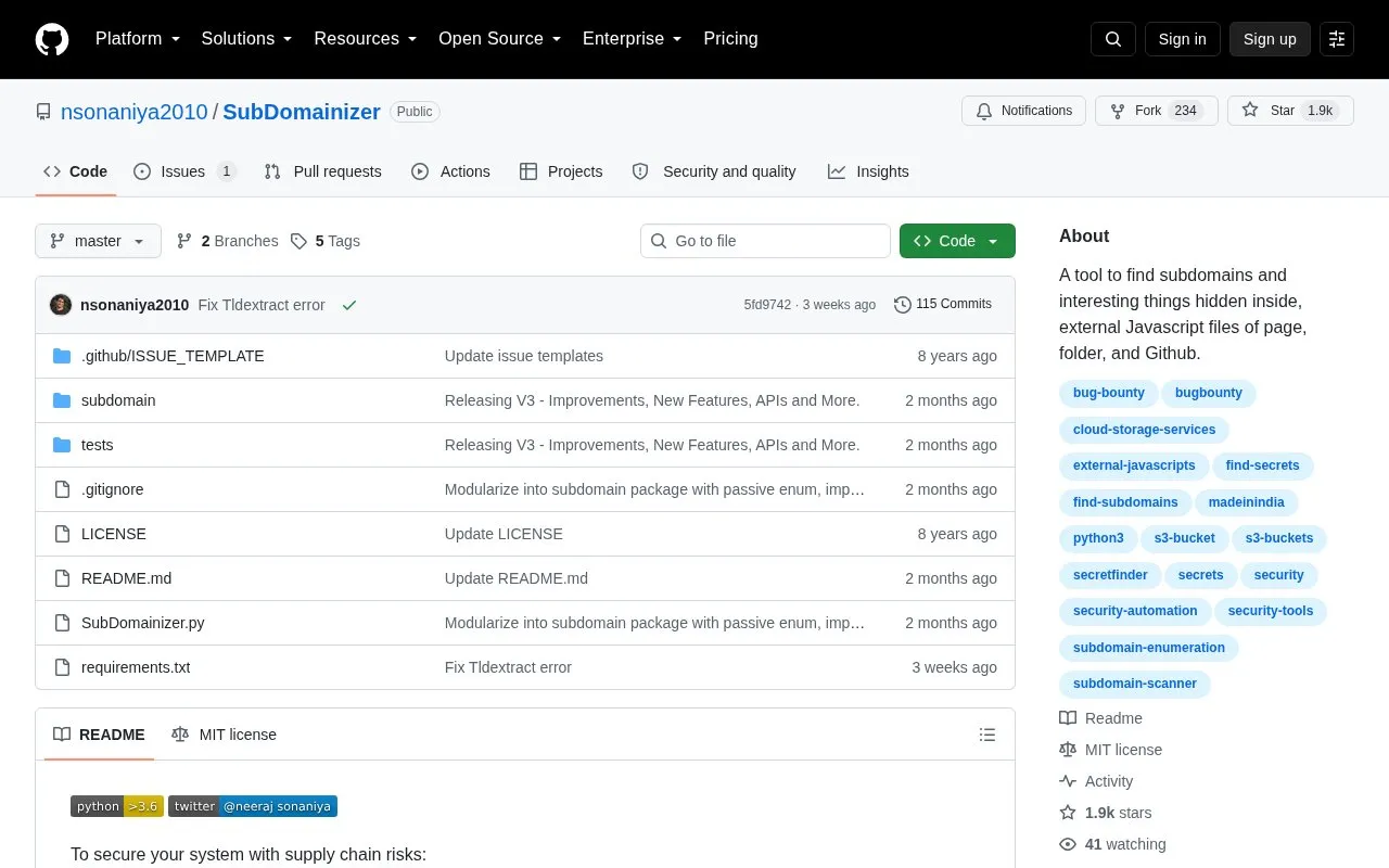 SubDomainizer homepage screenshot