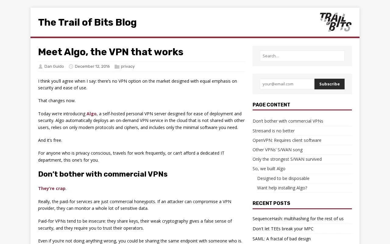 Algo VPN homepage screenshot