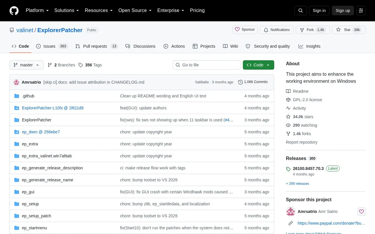 ExplorerPatcher homepage screenshot